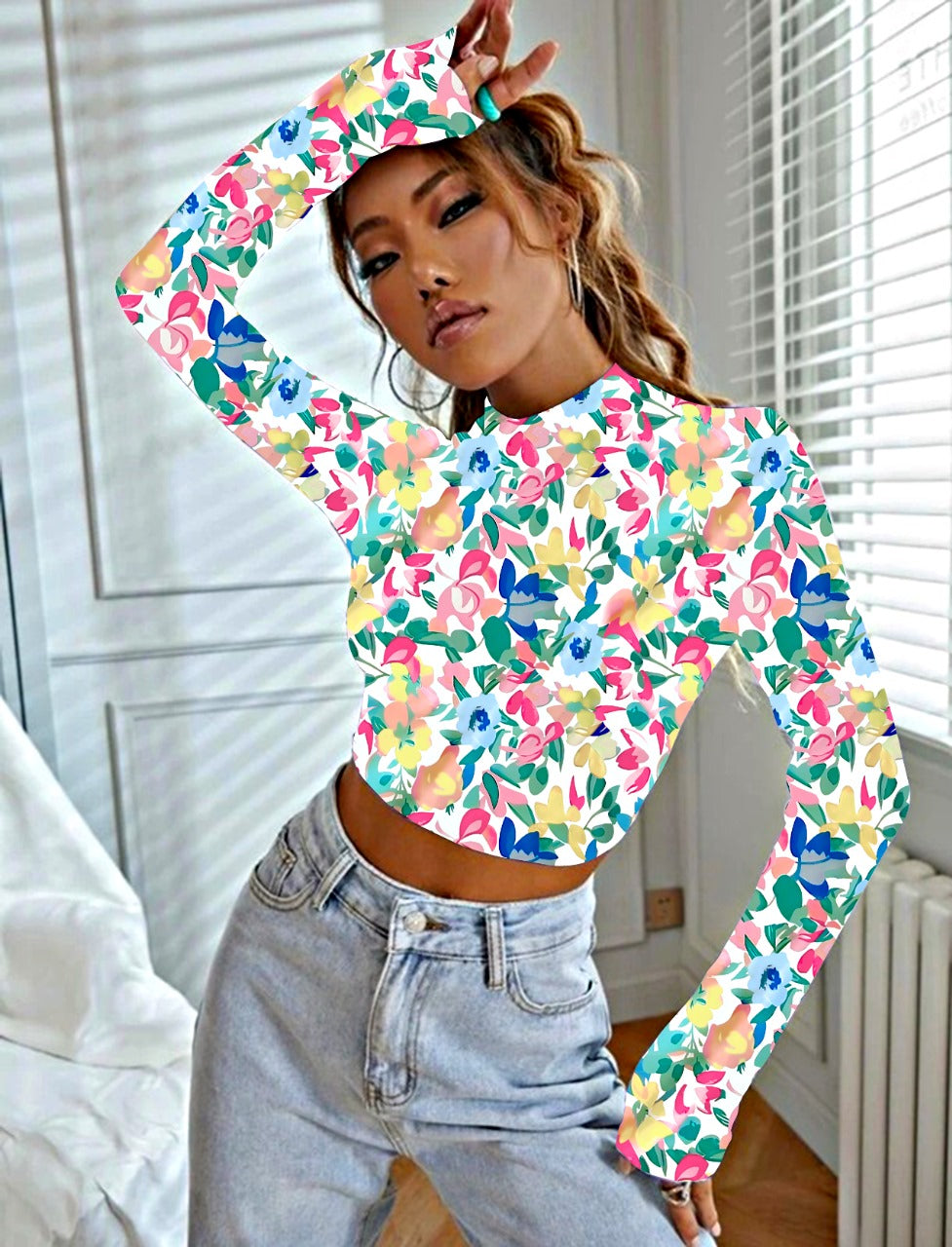 NiloBerry Floral Printed Mock neck Crop top for women & Girls.