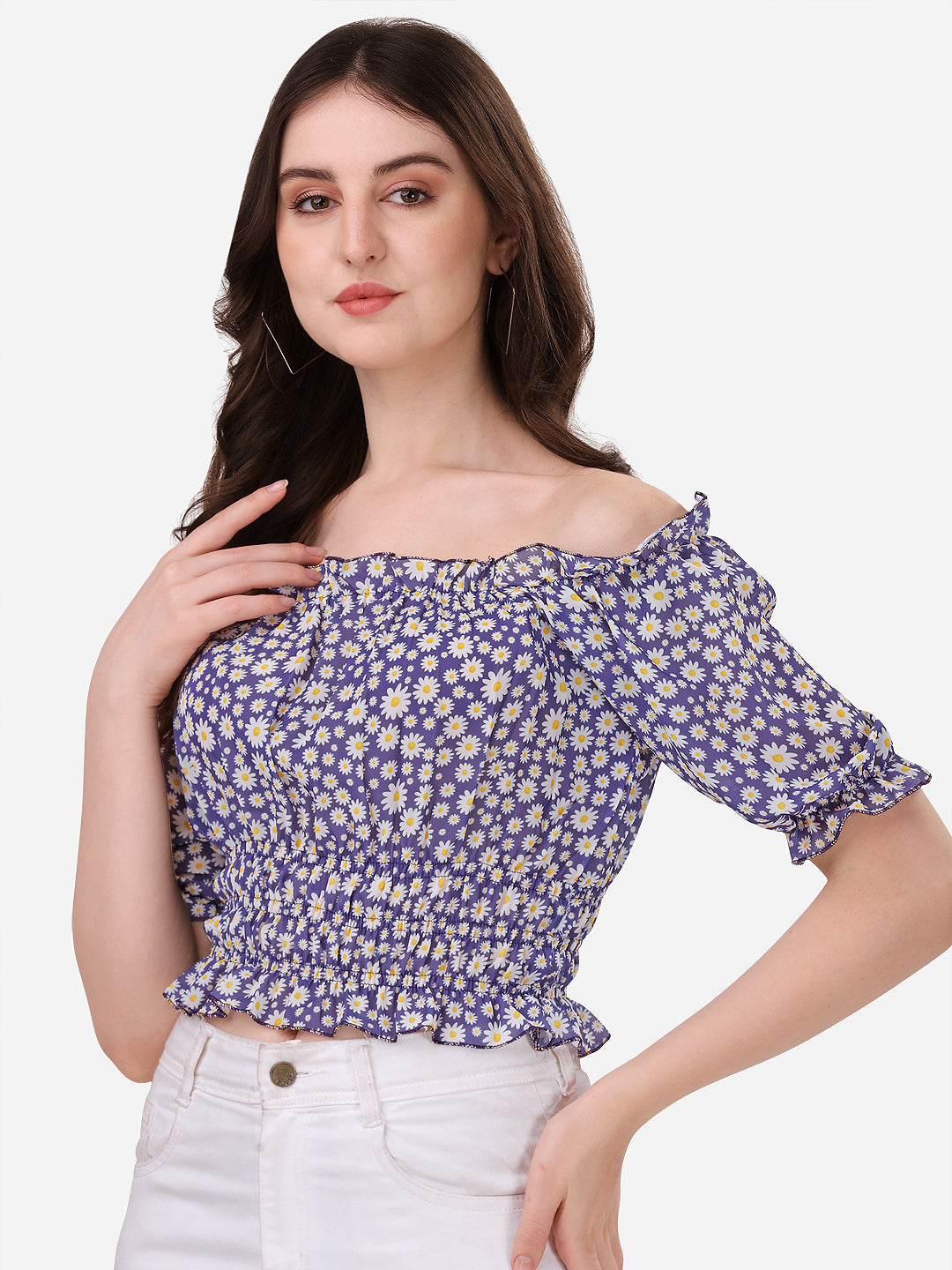 NiloBerry Floral off-shoulder georgette crop top for women