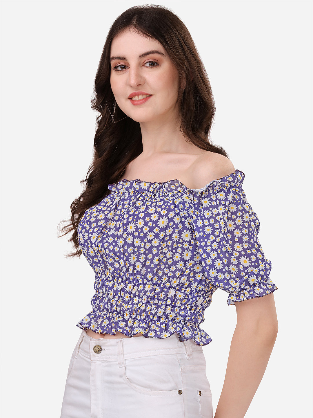 NiloBerry Floral off-shoulder georgette crop top for women