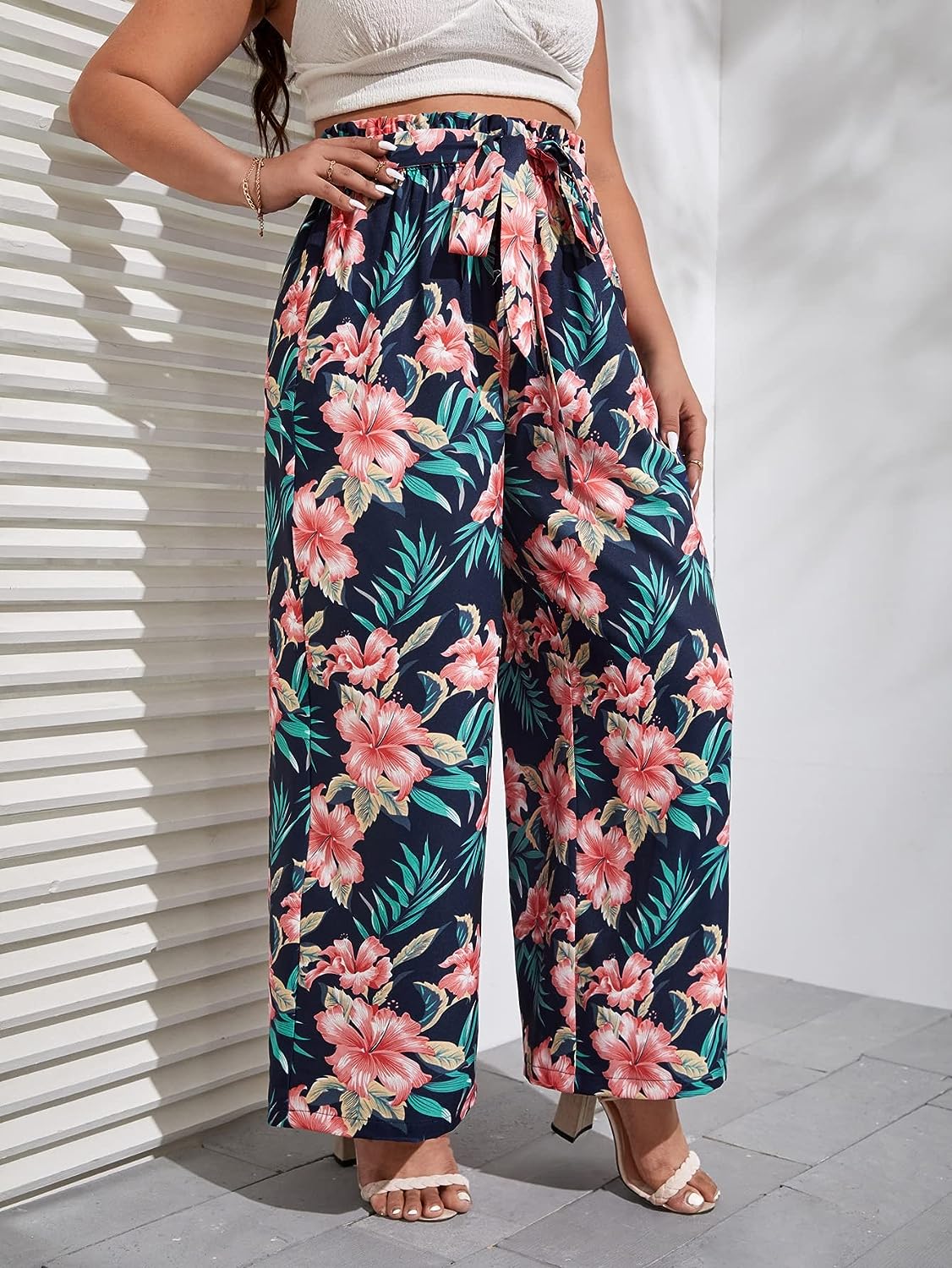 NiloBerry Tropical printed High rise belted waist, straight pant for women.