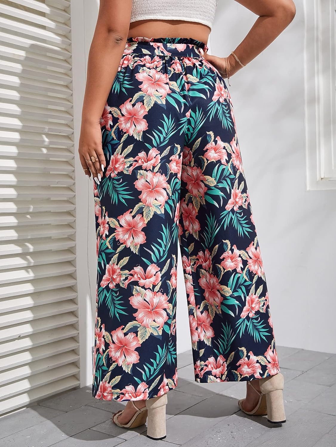 NiloBerry Tropical printed High rise belted waist, straight pant for women.