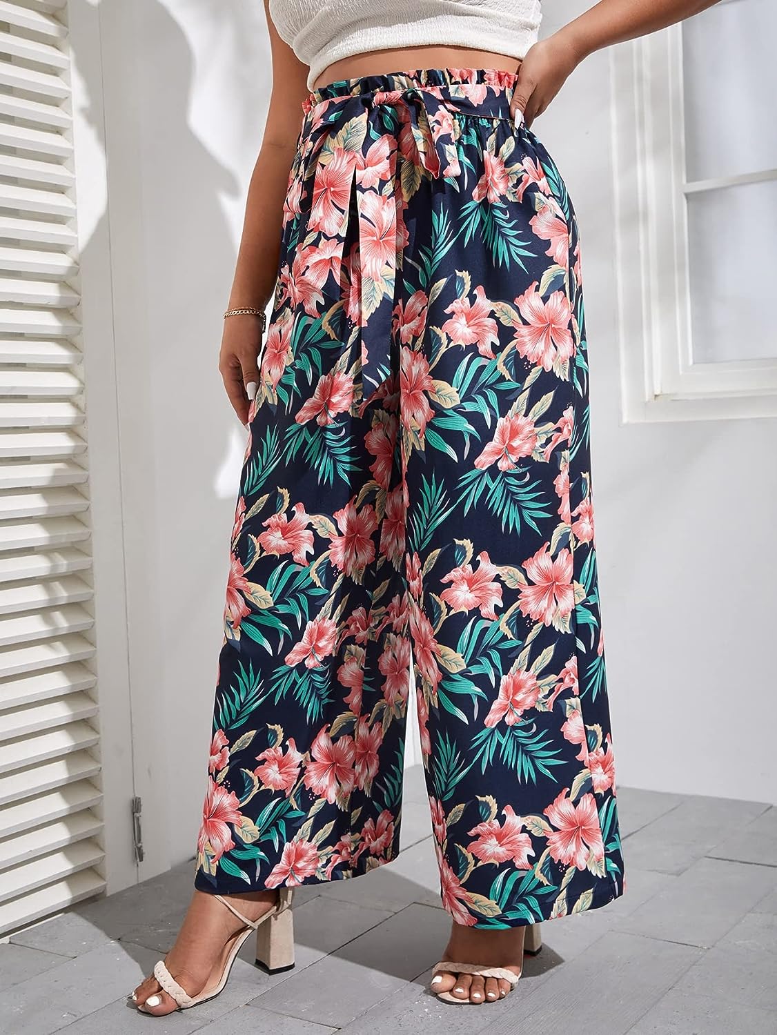 NiloBerry Tropical printed High rise belted waist, straight pant for women.