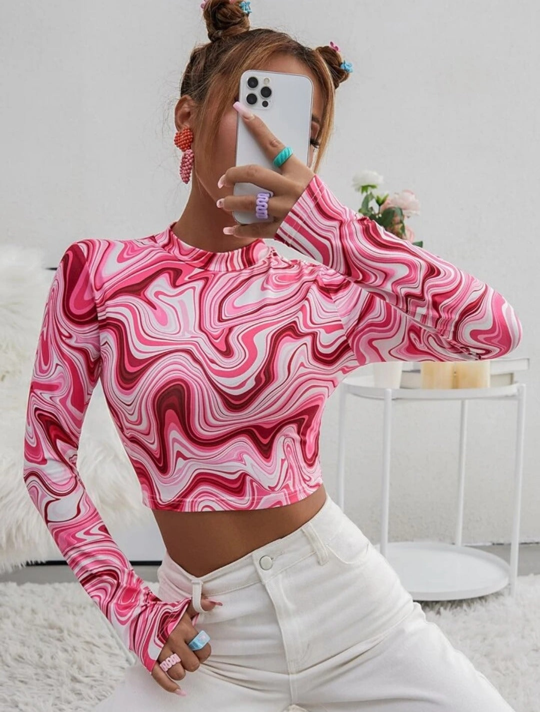 NiloBerry elite marble printed, full sleeve urban crop top