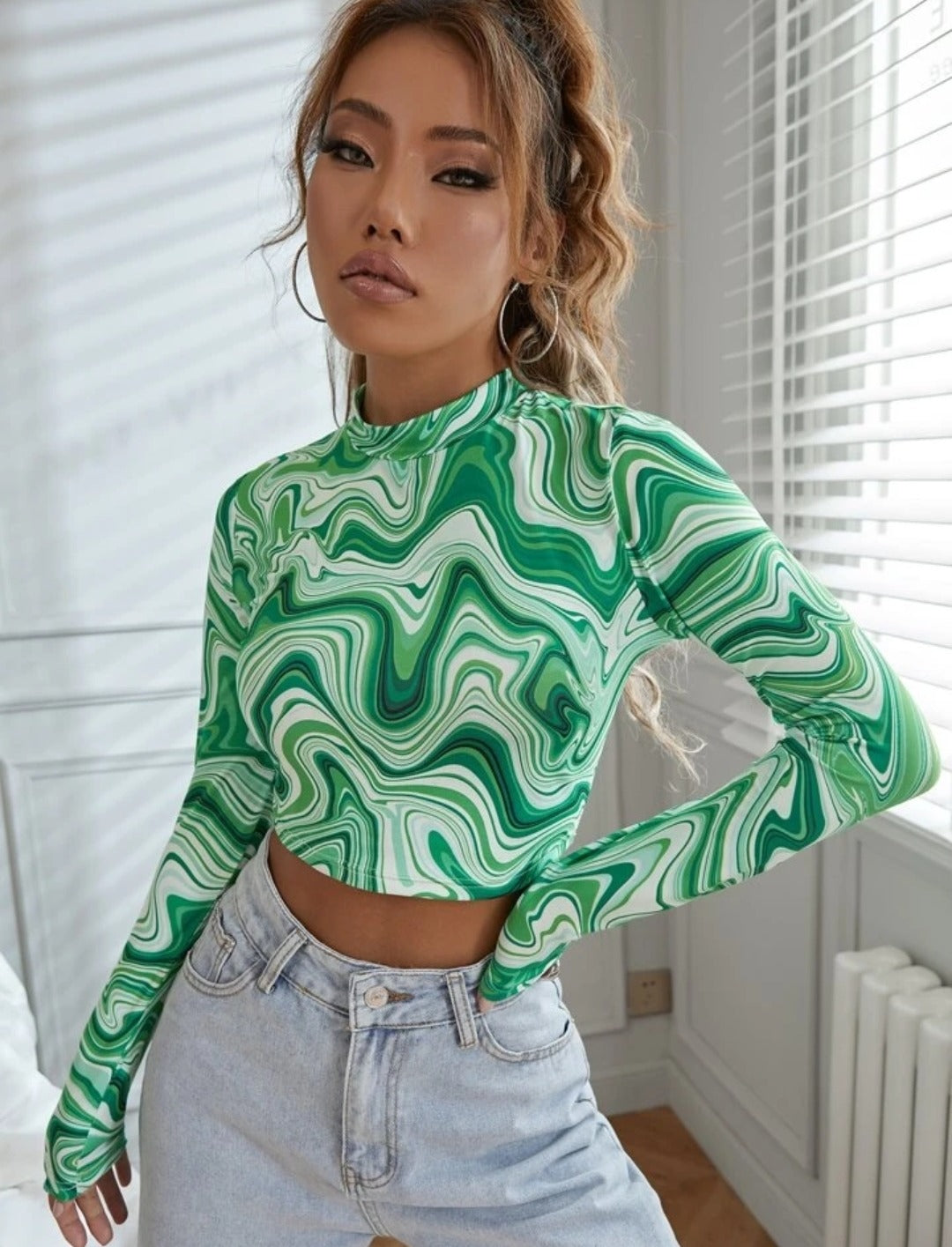 NiloBerry elite marble printed, full sleeve urban crop top