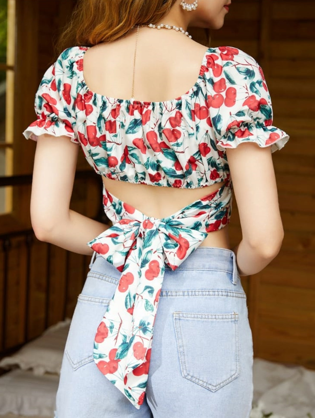 NiloBerry Cherry printed crop top with back belt.