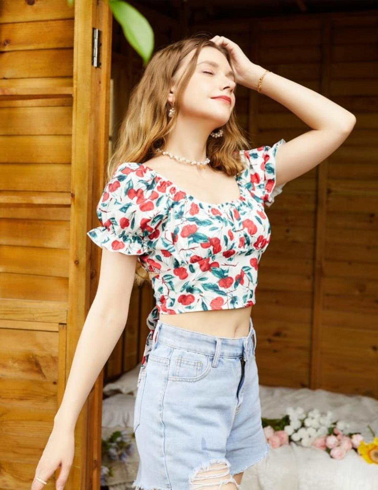 NiloBerry Cherry printed crop top with back belt.