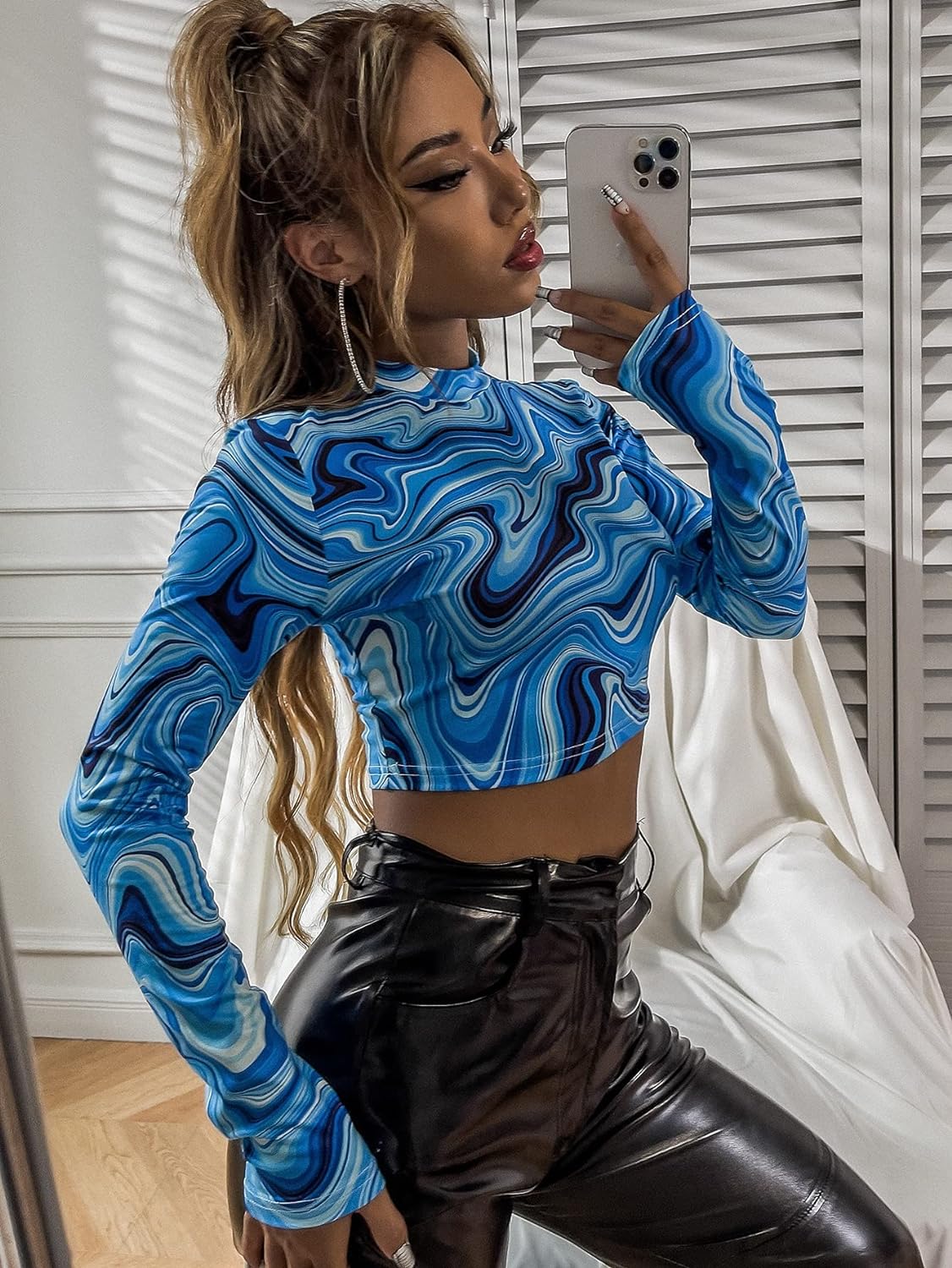 NiloBerry elite marble printed, full sleeve urban crop top