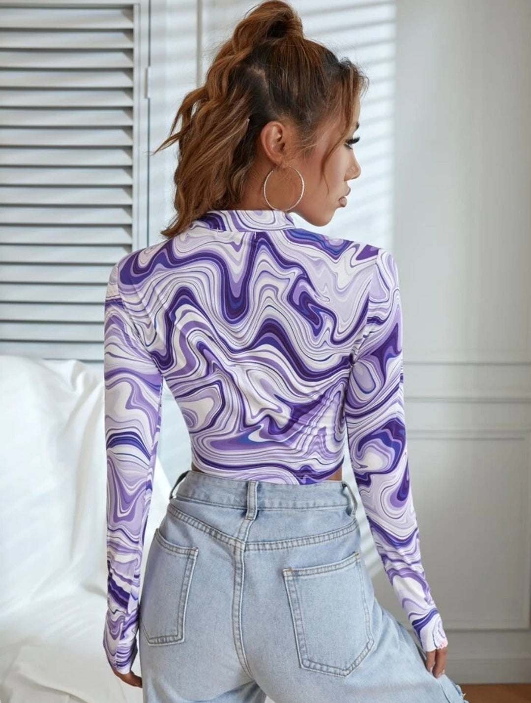 NiloBerry elite marble printed, full sleeve urban crop top